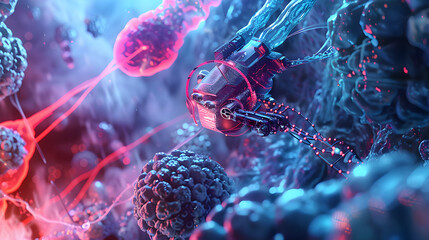 View of a nanobot interacting with human cells, depicting the application of nanotechnology in medicine. - obrazy, fototapety, plakaty