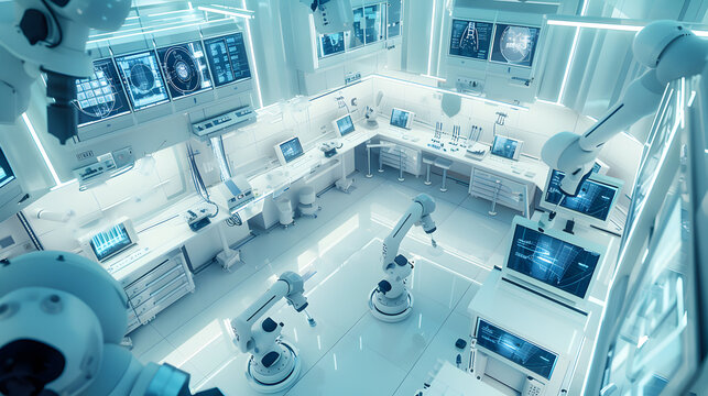 Clean room for bio-chemical research, viewed from above. The room is equipped with robotic arms handling delicate experiments, surrounded by screens showing molecular models and genetic data.