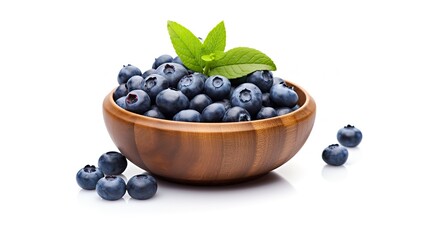 Closeup of ripe blueberries and leaves in a wooden bowl or plate, isolated on white table background.
