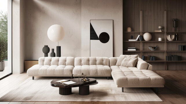 Aesthetic tufted cosy beige corner sofa in spacious lightroom interior. Minimalistic style. Generative AI