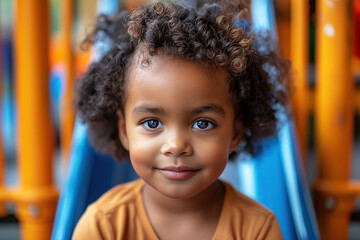happy black child boy kid on playground in summer