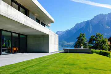 A modern house with concrete walls, large windows and green grass in front. The view is from the side onto an open terrace