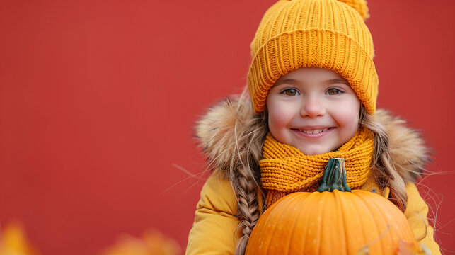 Smiling child in autumn attire holding a pumpkin against a red background, depicting fall season joy.