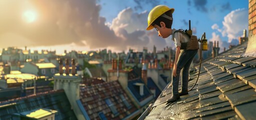 Personnage cartoon d'un ouvrier du bâtiment sur un toit, image avec espace pour texte. - obrazy, fototapety, plakaty