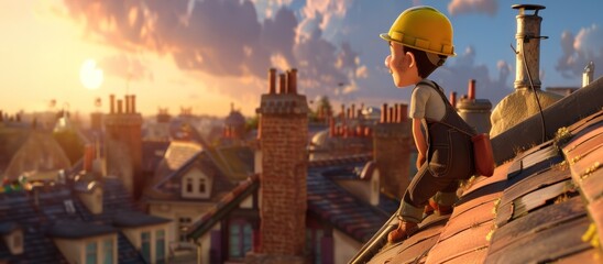 Personnage cartoon d'un ouvrier du bâtiment sur un toit. - obrazy, fototapety, plakaty