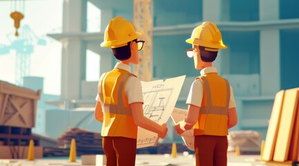 Personnages cartoon de deux architectes sur un chantier en construction, tenant des plans. - obrazy, fototapety, plakaty