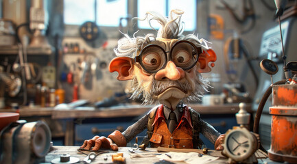 Personnage cartoon d'un homme senior bricolant dans un atelier. - obrazy, fototapety, plakaty