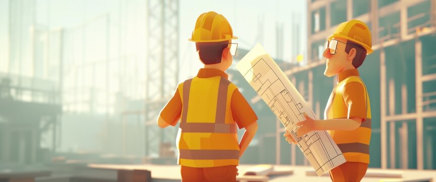 Personnages cartoon de deux architectes sur un chantier en construction, tenant des plans.