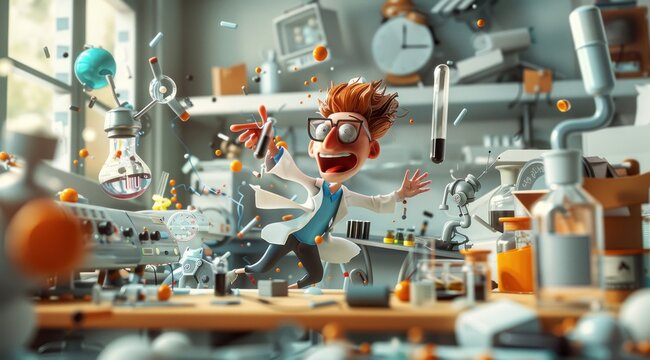 Personnage cartoon d'un chercheur hyst&eacute;rique dans son laboratoire.
