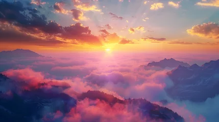 Fotobehang A colorful sunrise over a misty mountain range © Muhammad
