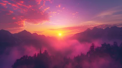 Fotobehang A colorful sunrise over a misty mountain range © Muhammad