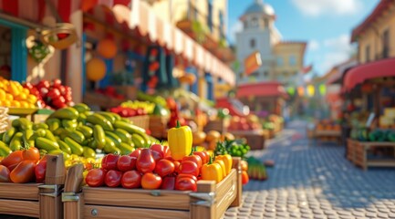 Une illustration d'un marché de fruits et légumes dans un village. - obrazy, fototapety, plakaty