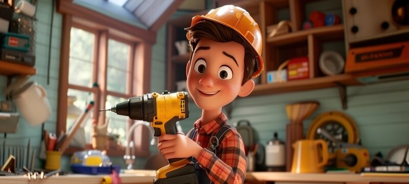 Personnage cartoon d'un homme bricolant dans une maison, outil &agrave; la main.