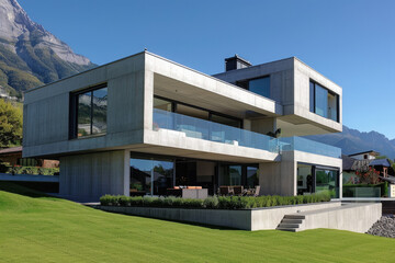 A modern house with concrete walls, large windows and green grass in front. The view is from the side onto an open terrace