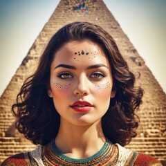 portrait of woman in front of pyramid