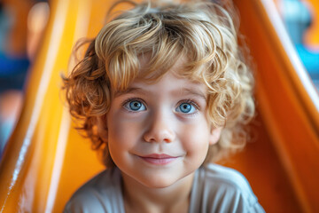 portrait of a happy white child preschooler boy kid on a playground on a slide in outside