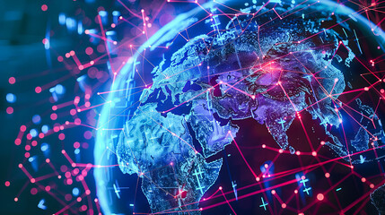 Futuristic global networking concept, illustrating the connectivity of digital technology, internet, and worldwide business strategies