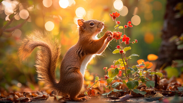 Radiant squirrel reaches for red flowers on a sun-drenched morning