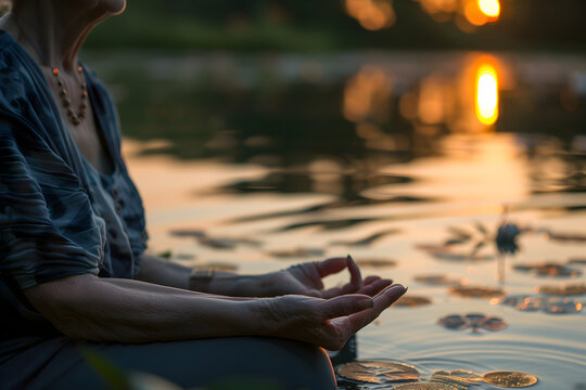 Senior woman seated by a tranquil lake at sunset, her hands resting on her knees in a mudra of acceptance. The water reflects a dance of light, mingling with floating symbols of health.