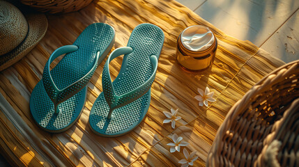Summer concept with flip-flops, a straw hat, and a cream jar on a bamboo mat, warm sunlight casting a cozy glow. - 765607978