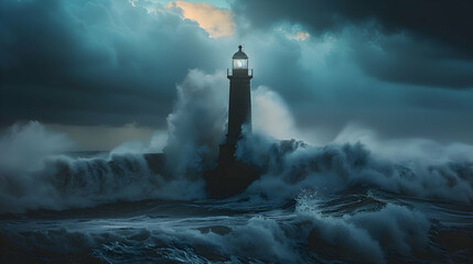A lone lighthouse standing against crashing waves - obrazy, fototapety, plakaty