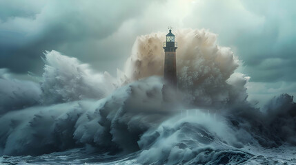 A lone lighthouse standing against crashing waves
