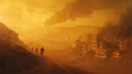 People on horseback journey through a futuristic, dystopian desert landscape. - obrazy, fototapety, plakaty