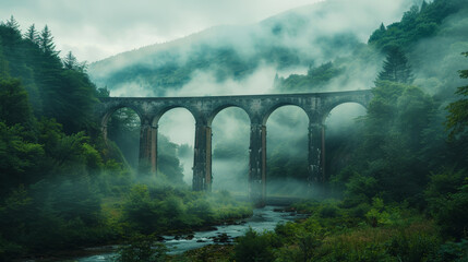 Green foggy mountains, river, very high arch retro bridge. Architecture and nature. Mystery...