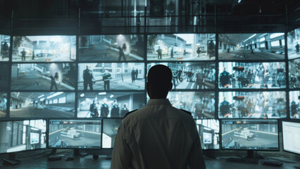 Watchful security guard monitoring multiple CCTV screens in a dim control room.