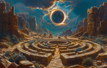 Solar eclipse casting shadow over an ancient stone labyrinth, celestial event, mystical journey,  unique hyper-realistic illustrations - 765608501