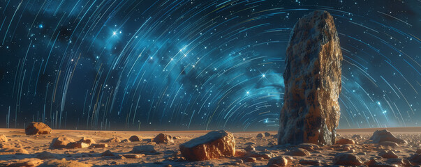 Star trails above a solitary stone monolith in a desert, time's passage, eternal watch,  3D style