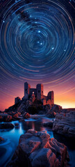 Star trails above a medieval fortress ruins, night sky, time's passage,  vibrant Color