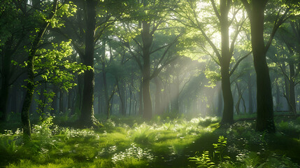 A lush green forest with sunbeams streaming through trees