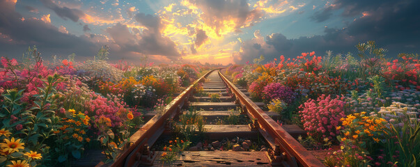 Abandoned train tracks through a blooming meadow, spring's reclaim, nature's path,  3D style