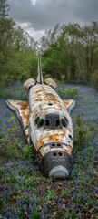 Abandoned space shuttle in a field of bluebells, spring, forgotten dreams of space,  soft shadowns