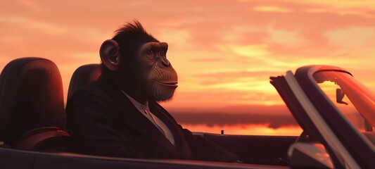 Chimpanzee in a Suit Enjoying a Sunset Drive. Generative ai