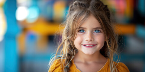 happy child preschooler girl kid on a playground in outside - obrazy, fototapety, plakaty