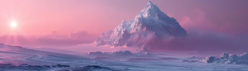 Zelfklevend Fotobehang Majestic peak rising above a frozen landscape - An enchanting sunrise illuminates a towering mountain peak surrounded by a stark, frigid landscape © Mickey