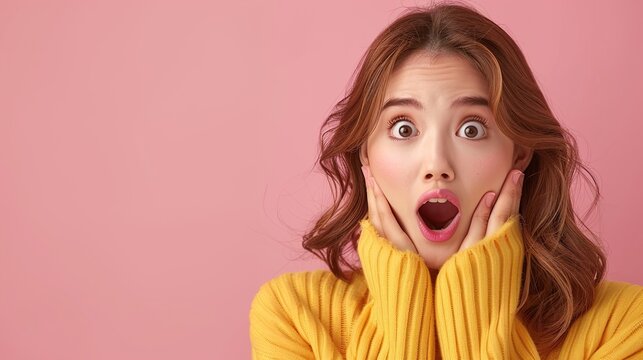 Beautiful woman are shocked, happy, and surprised isolated on light pink background