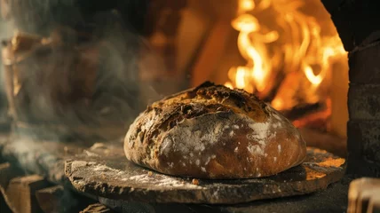 Fototapeten Crusty bread with steam and oven flames - Steaming hot crusty bread sits in front of a blazing wood-fired oven's flames © Mickey