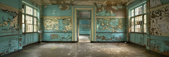 Fotobehang Dilapidated retro schoolhouse in decay - Vintage schoolhouse with nostalgic peeling turquoise paint and atmospheric decay, hinting at abandoned stories © Mickey