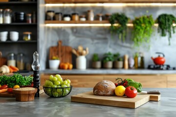 Obraz na płótnie Canvas Elegant modern kitchen with natural ingredients on display - A stylish contemporary kitchen with a wooden cutting board with bread, fruits, and vegetables showcasing a natural and healthy lifestyle