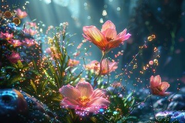 Enchanted glowing flowers in a mystical forest - A fantastical rendition of luminous flowers blooming amidst a magical forest, with light particles and ethereal glow - obrazy, fototapety, plakaty
