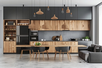 A modern kitchen with light gray walls, black cabinets and wooden dining table - obrazy, fototapety, plakaty