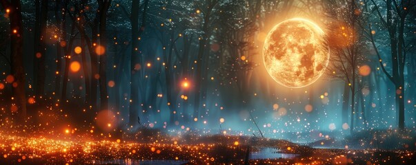 Enchanting forest scene with glowing moon - Mystical forest illuminated by a bright, full moon amid sparkling light particles and a serene lake