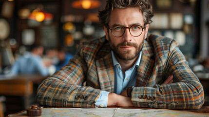 Confident mature man with glasses in a stylish blazer sitting at a cafe with a map on the table. - obrazy, fototapety, plakaty