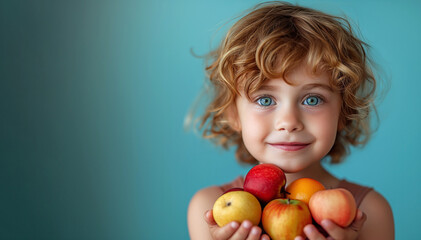 happy kid boy child holds in hands a harvest of fruit apples on blue isolated background. Children...