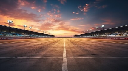 Evening scene asphalt international race track with panoramic sunset background - obrazy, fototapety, plakaty