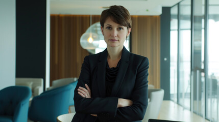 A composed female executive with short hair confidently poses with arms crossed in a chic, modern office lounge.
