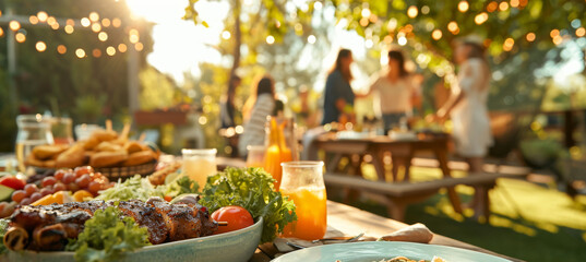 Vibrant Outdoor Dining with Grilled Delicacies and Fresh Veggies